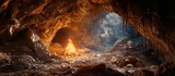 Fototapeta Natura - Enchanting Campfire Glows Inside the Mysterious Cave, Creating an Intimate Campfire Experience in the Heart of the Majestic Cave
