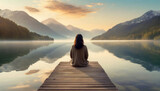 Fototapeta  - Facing back young woman practicing meditation or yoga, sitting on a wooden pier on the shore of a beautiful mountain lake at sunrise or sunset.