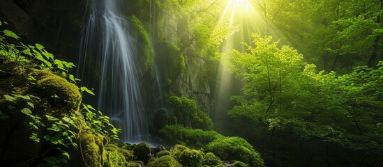 Wall Mural - Stunning Green Forest with a Nice Waterfall Cascading through the Lush Greenery