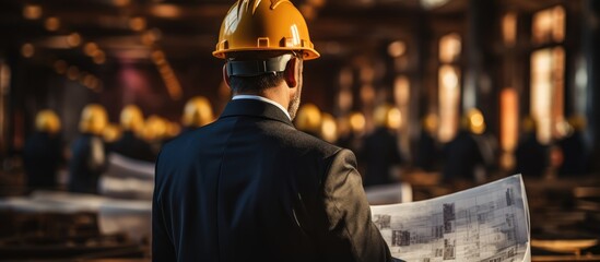 Wall Mural - Architect holding hard hat and blueprints on location building construction background