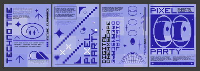 Wall Mural - Retrowave aesthetic posters set. Vector illustration of retro futuristic style banners with pixel smiley emoji, wireframe design elements and text on blue background, y2k vibe flyers collection