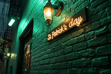 St. Patrick's Day Neon Sign on Brick Wall. An illuminated neon sign celebrates St. Patrick's Day on a textured green brick wall