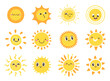 Sun emoji. Cute smiling, winking suns with funny faces. Doodle yellow summer sun. Vector solar summer symbols isolated set