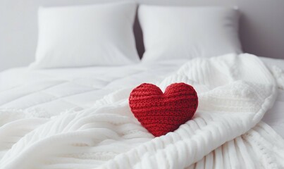 Wall Mural - Red heart shape on white knitted blanket on bed at home.