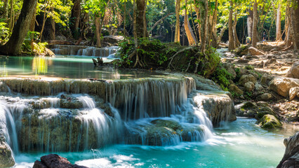 Wall Mural - beautiful deep forest erawan waterfalls in thailand