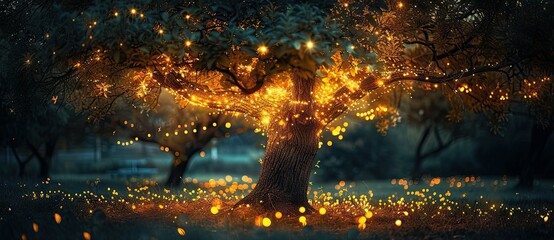 Sticker - Enchanting forest landscape at dusk trees are illuminated by shimmering lights creating magical and mystical atmosphere scene straight out of fairytale with foliage bathed in dreamy glow