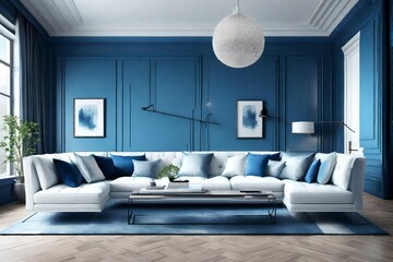 Blue modern living room with two white velvet sofa - rendering