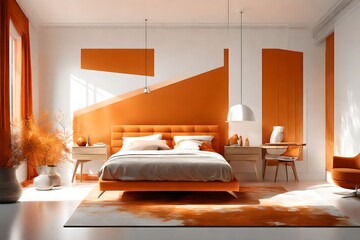 Poster - Modern orange bedroom against white windows