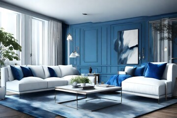 Blue modern living room with two white velvet sofa - rendering