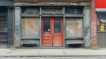 Old Storefront With Graffiti And Weathered Benches.