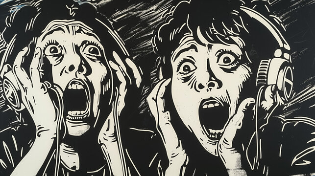 Art of two people screaming in stark black and white.