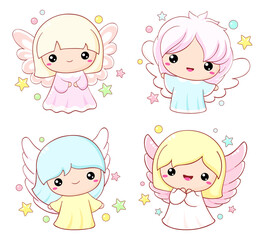 Canvas Print - Cute cartoon Christmas angels set. Collection of Easter angel in kawaii style. Little baby in angel costume. Vector illustration EPS8