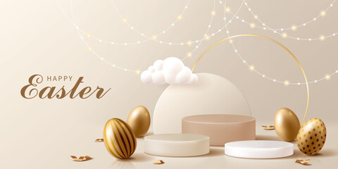 Wall Mural - Happy Easter banner for product demonstration. Beige pedestal or podium with golden eggs and confetti on beige background.