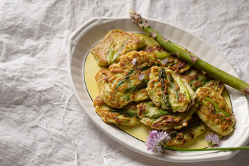 Poster - Organic pancakes with asparagus on a plate