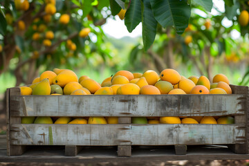 Wall Mural - close-up mango harvest in a wooden box ion the farm