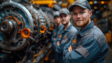 A Team Of Diesel Engine Technicians Was Next To Us. Big Diesel Engine Wearing A Gray Outfit With Orange Details. Look At The Camera And Give A Thumbs Up, Smile.
