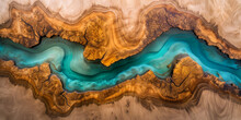 Old Cracked Wood With Turquoise Dark Epoxy River.  Aerial View River Sandy Beach Drone Landscape. Water, Nature Wilderness In Abstract Wood Texture. Top Down River Scenery