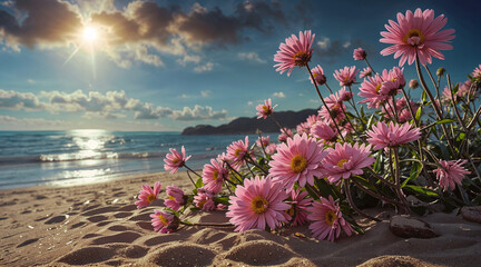 Sticker - Seascape with flowers on the beach. AI