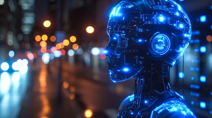 Futuristic AI robot head profile illuminated with blue neon lights, showcasing advanced artificial intelligence technology and cybernetics in a city at night