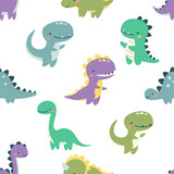 Fototapeta Dinusie - Seamless vector pattern. Cute dinosaurs in bright colors. Illustrations in a simple children's style. White background . Vector illustration