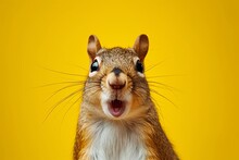 Portrait Of A Surprised Squirrel Isolated On Yellow Background
