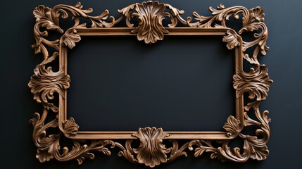 Vintage wood picture frame on a black background. Classic antique wooden picture frame with carved pattern