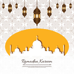 Wall Mural - ramadan kareem mubarak wishing post with mosque and lantern vector design