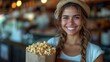 Photo portrait of attractive young woman hold popcorn bucket . Generative Ai. 