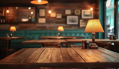 empty wooden table in cafe with blurred background perfectly set for showcasing products in restaura