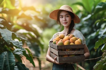 Wall Mural - close-up mango harvest in a wooden box in the hands of young woman gardener