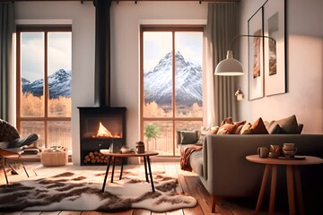 Wall Mural - Cozy living room in a Scandinavian style weekend cabin house in the mountains, fire is crackling