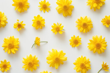 Wall Mural - Top view yellow flowers on white background, Minimal fashion summer holiday concept. Flat lay