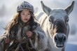 © serg3d - A young girl in a fur coat and hat standing next to a horse. Generative AI.