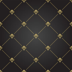 Wall Mural - Seamless vector pattern. Modern geometric ornament with royal lilies. Classic black golden background