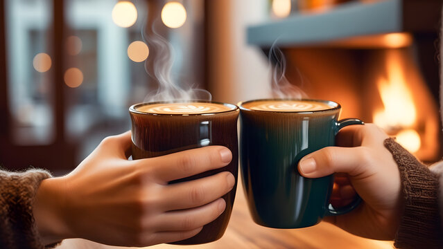 Close-up of multiple hands ethnic backgrounds Holding a Coffee Cup Generative Ai
