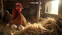Hen Nesting On Straw With Fresh Eggs In A Rustic Wooden Coop. Serene Farm Scene Captured In Warm Light. Ideal For Agriculture Themed Designs. AI