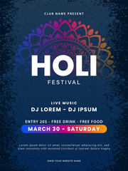 Wall Mural - Holi party poster design. Holi celebration flyer design with colorful holi powder. Indian Festival of Colors. Vector illustration