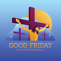 Wall Mural - Good friday - Abstract shape jesus christ crucified and three cross on sun and star light around on blue background vector design