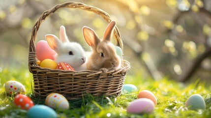 Wall Mural - Two cute rabbit bunnies in the basket with colorful eggs on green meadow, easter holiday