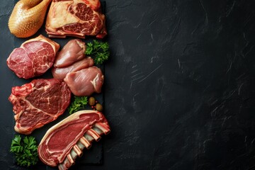 Wall Mural - Top view of various types of raw meat such as a beef steak, a chicken breast, a pork chop and pork ribs 