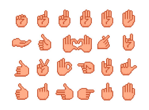 Pixel hands gestures icons set. 8 bit pixel art hand.