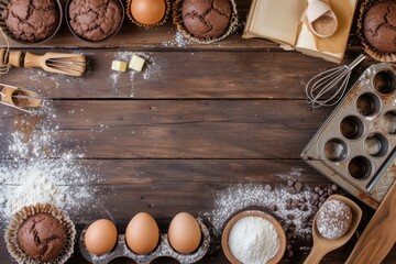 Wall Mural - Top view of a frame made by muffins, ingredients and utensils to cook like flour, eggs, butter, chocolate chips, sugar, muffin tin, cookbook