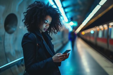 Poster - Young businesswoman using her phone in the subway station. 