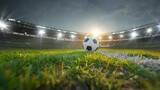 Fototapeta Fototapety sport - textured soccer game field with neon fog - center, midfield