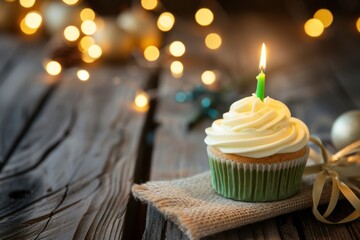 Wall Mural - Cupcake with burning green candle on wooden table decorated with celebration objects and lights background. 