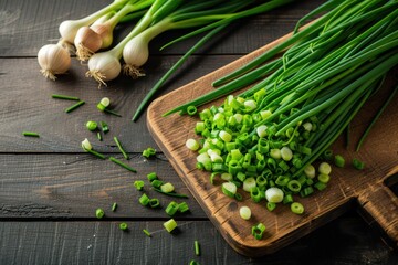 Wall Mural - Cut Green onions chives on a cutting board. Dark wooden background 