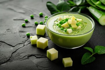 Fresh delicious twist cut with columns and cubes for pea cream soup on a black concrete background 