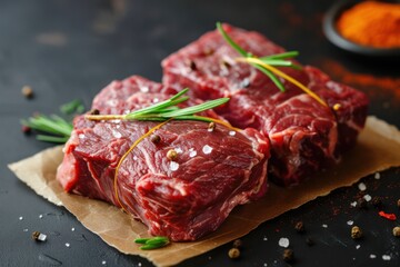 Wall Mural - Fresh raw beef meat to make delicious juicy steak with spices and herbs. Preparation for grilled meat 