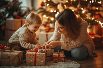 Wall Mural - Little charming boy helping his mommy for the decoration of the Christmas presents.