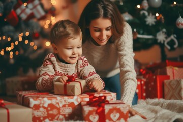 Little charming boy helping his mommy for the decoration of the Christmas presents. 